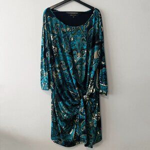 Brian Bailey Blue Paisley Print Front Tie Long Sleeve Round Neck Dress
